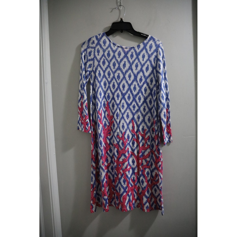 Lilly Pulitzer Women's Dress S Blue White Coral Print‎ Long Sleeve Casual